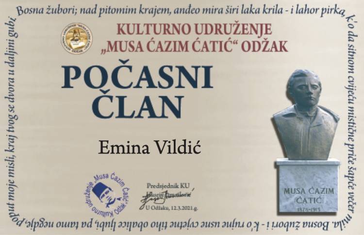 Öğrencimize Musa Ćazim Ćatić Kültür Derneği’nden Onursal Üye Ödülü
